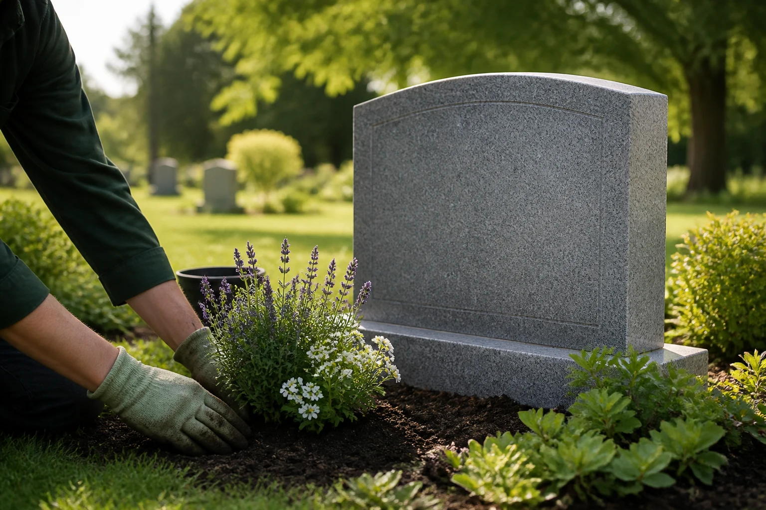 A local gardener planting flowers beside a carefully tended memorial