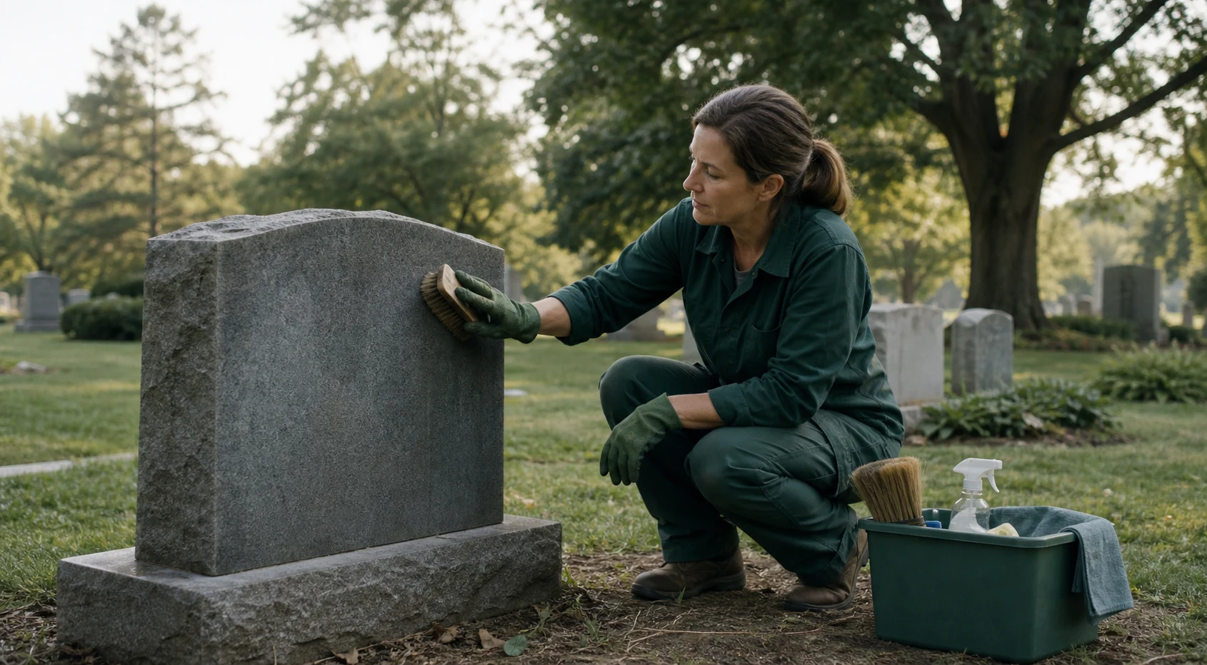 A local care specialist gently cleaning a stone memorial